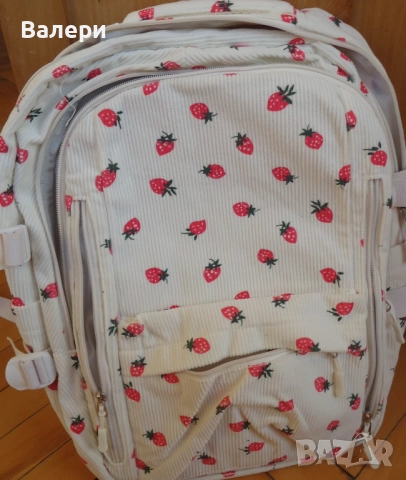 Раница- велурено кадифе, бяла на ягодки, снимка 4 - Раници - 52270172