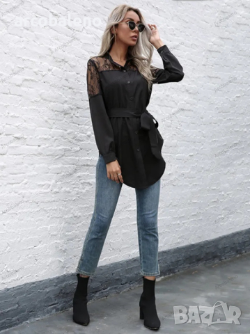 Дълга кръгла яка, дълги ръкави и талия, дамска дантелена риза, 4цвята , снимка 17 - Ризи - 44784483