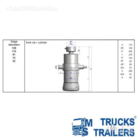 Хидравличен цилиндър HYVA UMB - 129-5-1280-K192-45-1/2”HC 71404365, снимка 2 - Части - 47975554