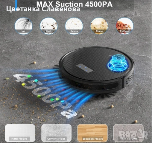 Прахосмукачка робот Tikom G8000 Pro, 2 в 1 и моп  мощност4500Pa,WiFi,150 мин , снимка 3 - Прахосмукачки - 53166450