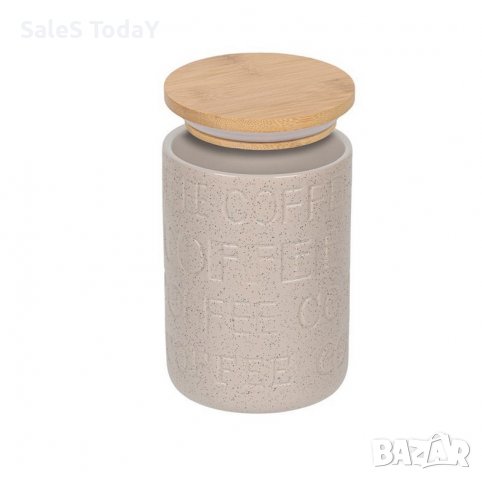 Керамичен буркан, бамбуков капак, Релефен, кафе, 650 мл, снимка 2 - Кутии за съхранение - 38038039