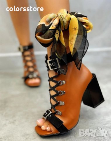 Летни боти на ток - кафява кожа с черна каишка - BK55