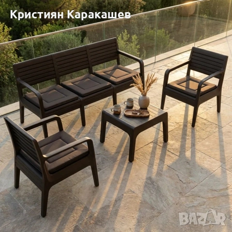 Градински комплект с възглавници 4 части - Троен Диван с 2 фотьойла и маса