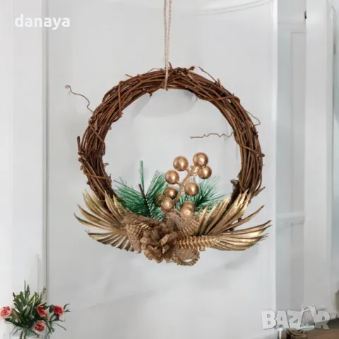 5302 Коледен венец със златисти орнаменти, 17 см, снимка 3 - Декорация за дома - 47546048