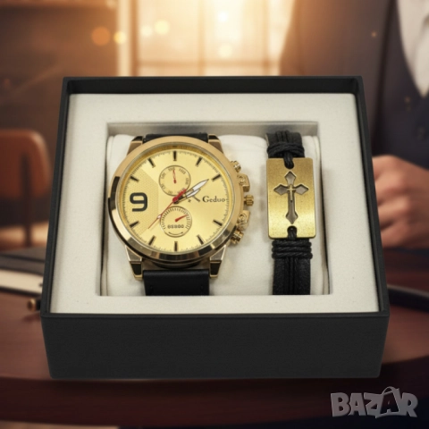 Мъжки комплект Geduo – елегантен часовник със златист циферблат и кожена гривна в подаръчна кутия, снимка 7 - Бижутерийни комплекти - 51947439