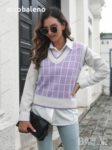 Дамски моден кариран пуловер с V-образно деколте, 4цвята - 023, снимка 6 - Блузи с дълъг ръкав и пуловери - 42146039