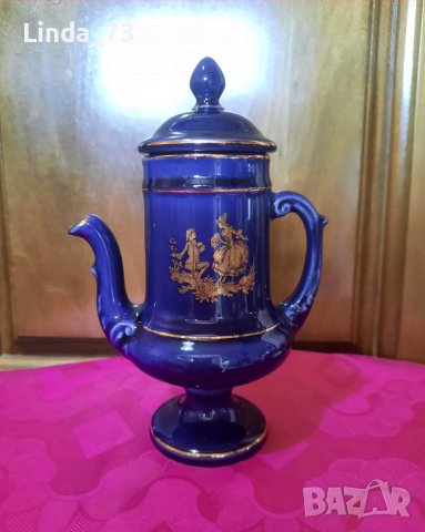 Антикварно, френско чайниче с капаче  - Limoges porcelain - кобалт и злато., снимка 1 - Аксесоари за кухня - 37587651