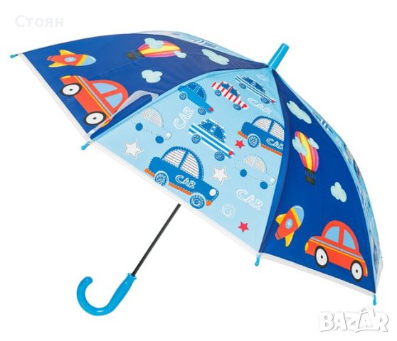 Детски чадър тип бастун за дъжд ръчен син Ciel с коли 66 см, снимка 3 - Чадъри - 42876164