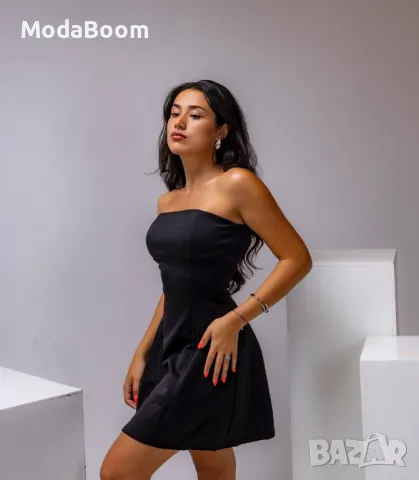 Къса черна дамска рокля | без рамене , снимка 5 - Рокли - 47531514