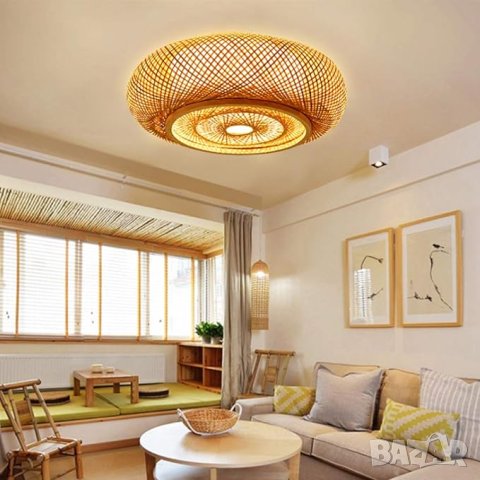 Таванна лампа от ратан естествен бамбук Полилей, снимка 2 - Лампи за таван - 34013589