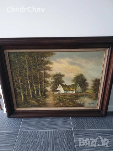 127х97см Quidousse/картина масло върху платно/пейзаж/къща-път-гора-езеро/масивна дървена рамка