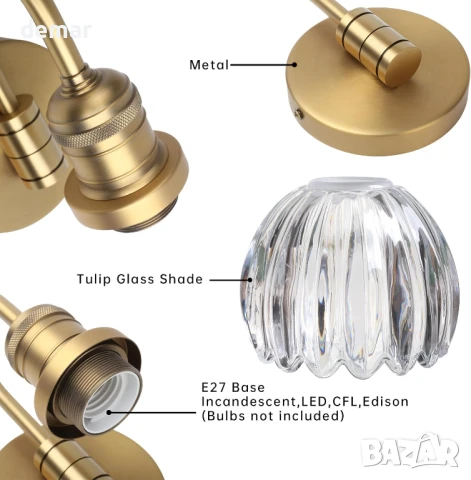 Стенна лампа JIMUBEAM Vintage Gooseneck с прозрачен стъклен абажур тип лале, снимка 7 - Лампи за стена - 50591230