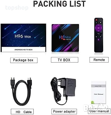 НОВ тв бокс на БЪЛГАРСКИ H96Max WiFi 100M, 2GB RAM 16GB ROM Quad Core 64bit Cortex A53 2.4GHz..., снимка 2 - Плейъри, домашно кино, прожектори - 50493357