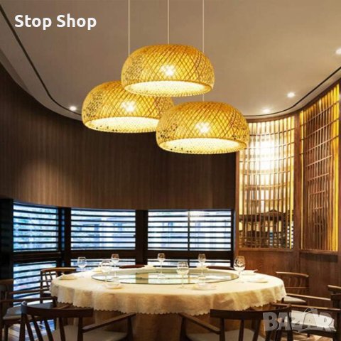 Винтидж висяща лампа Висяща лампа от естествен бамбук E27 Настолна лампа за хранене Ратанов полилей , снимка 3 - Лампи за таван - 44225999