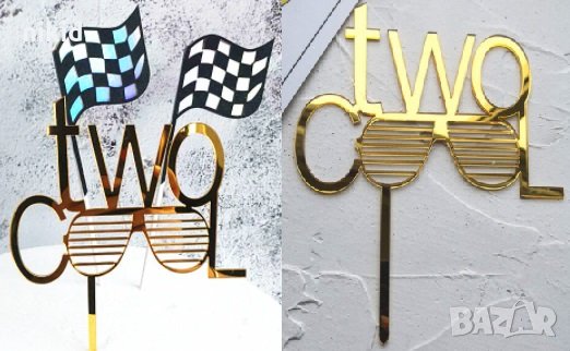 Two Cool 2 години златен черен акрил топер украса декор за торта табела рожден ден, снимка 2 - Други - 30286914