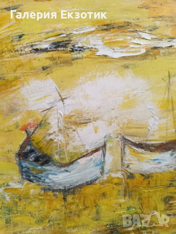 Маслена картина "Абстрактни лодки" с авторско стихче към нея, снимка 5 - Картини - 54152535