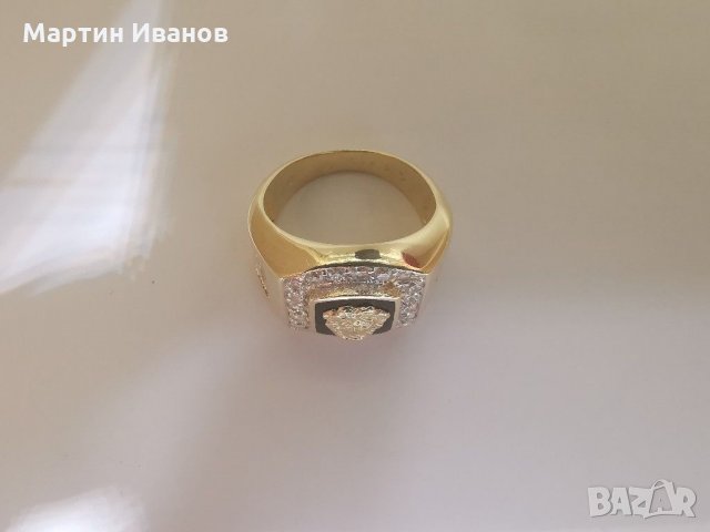 Златен мъжки пръстен с оникс и циркони , снимка 8 - Пръстени - 30831006