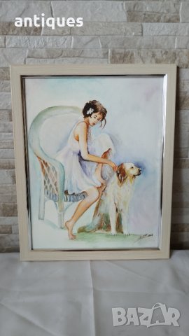 Картина "Момиче с куче" - акварел върху картон - рамкирана, снимка 5 - Картини - 35141816