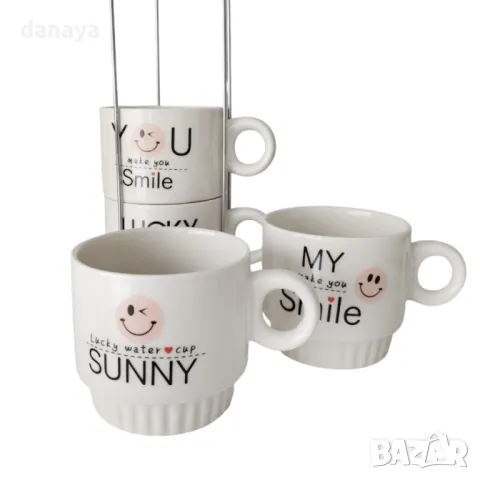 5537 Комплект керамични чаши за кафе на метална стойка SMILE, снимка 3 - Чаши - 48308231