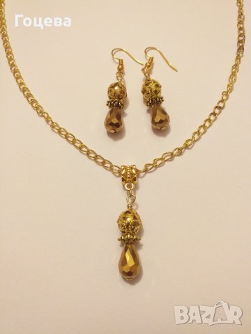 Разкошен комплект обеци и колие от златни кристали и златен полускъпоценен камък Хематит, снимка 7 - Бижутерийни комплекти - 29891606