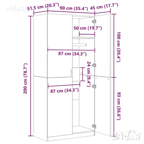 vidaXL Гардероб Artisan Дъб 90x52x200 cm Инженерна дървесина, снимка 9 - Гардероби - 56148253