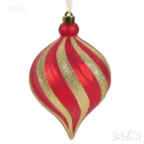 Коледна топка червена с вълнообразни линии и брокат Ø15 см_1254115