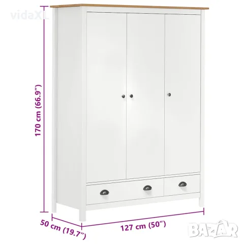 vidaXL Гардероб с 3 врати Hill бял 127x50x170 см борово дърво масив, снимка 10 - Гардероби - 56146481