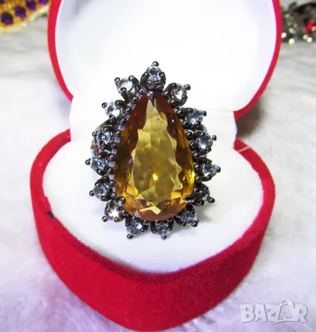 925 сребърен пръстен с натурален цитрин 18 карата, подходящ за подарък, снимка 2 - Пръстени - 50409566