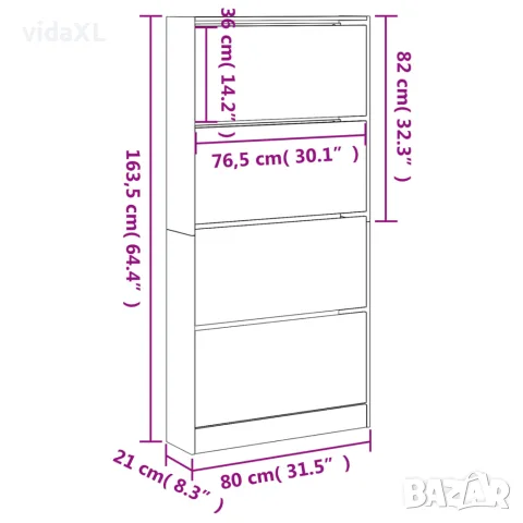 vidaXL Шкаф за обувки с 4 флип чекмеджета бял 80x21x163,5 см, снимка 10 - Скринове - 56146709