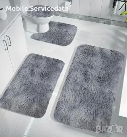Комплект от 4 постелки за баня, черни, от полар, водопоглъщащи, противоплъзгащи, различни размери