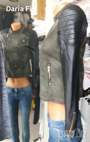 Дамско яке в зелен деним с черни кожени ръкави , снимка 2 - Якета - 39877591