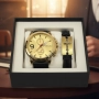 Мъжки комплект Geduo – елегантен часовник със златист циферблат и кожена гривна в подаръчна кутия, снимка 7