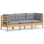 vidaXL 3-местен градински диван със сиви възглавници, бор масив（SKU:3096099