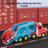 LEYAOYAO Камион с 4 противопожарни коли със светлини и звуци, играчка за малки деца, снимка 5 - Коли, камиони, мотори, писти - 44391828