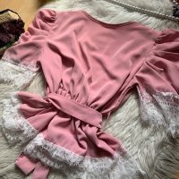 Официална розова блуза с дантела, снимка 3 - Корсети, бюстиета, топове - 40843848