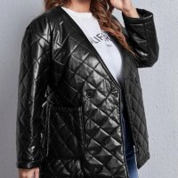 Макси модерно кожено яке/сако с вата, свалящ се колан и джобове в черно, снимка 4 - Якета - 42115054