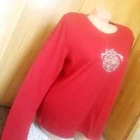Червена блуза с декорация камъчета Коледно топче Л, снимка 2 - Блузи с дълъг ръкав и пуловери - 34243405