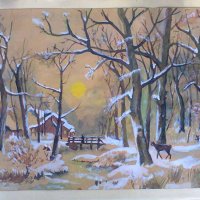 Зимен пейзаж, акварел, стара картина, снимка 1 - Картини - 29121088