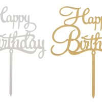 Happy Birthday сребрист златист твърд Акрил топер за торта украса декорация надпис Рожден ден, снимка 1 - Други - 29637996