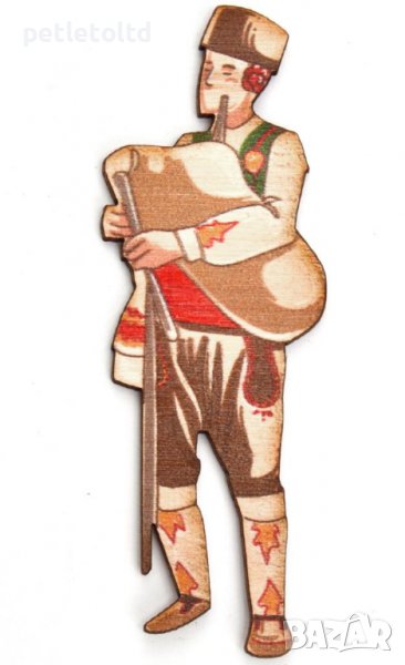 Момък в народна носия, свирещ на гайда - лазерно рязани дървени елементи с гравирани цветни елементи, снимка 1
