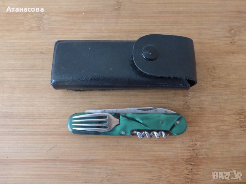 Джобно ножче 6 инструмента с виличка зелено с калъф Буковец, снимка 1