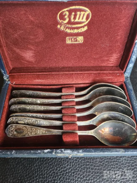 мелхиор лъжички за чай/кафе/сладко, красив мод. "Зеркало", к-т от 6 броя + захарница , от СССС, снимка 1