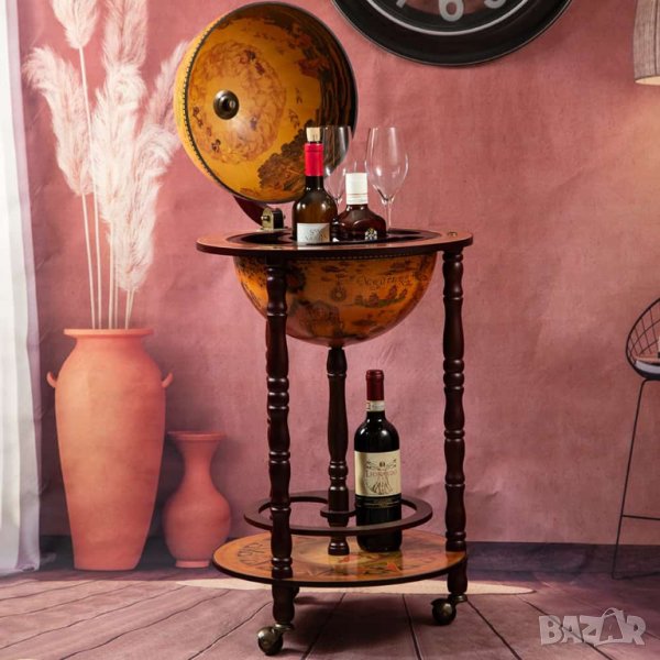 ПРОМО - Нов Глобус Мини Бар - Стойка за Вино / Бутилки Масичка на Колела 90см, снимка 1