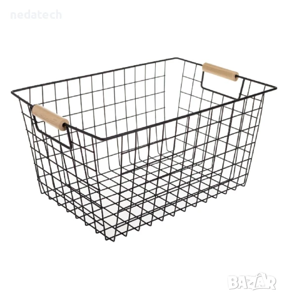Кошница за съхранение с дървени дръжки, Черен, 39,5x26x19 см., снимка 1