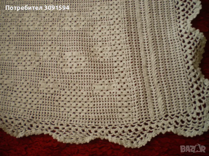 Винтидж бяла ръчно плетена продълговата покривка за маса, снимка 1