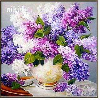 5D гоблен ваза с люляк диамантен гоблен картина мозайка за направа по схема с камъчета, снимка 1