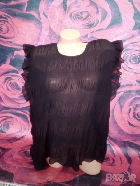 Черна феерична широк модел блуза с къдри на раменете от шифон ХЛ, снимка 1