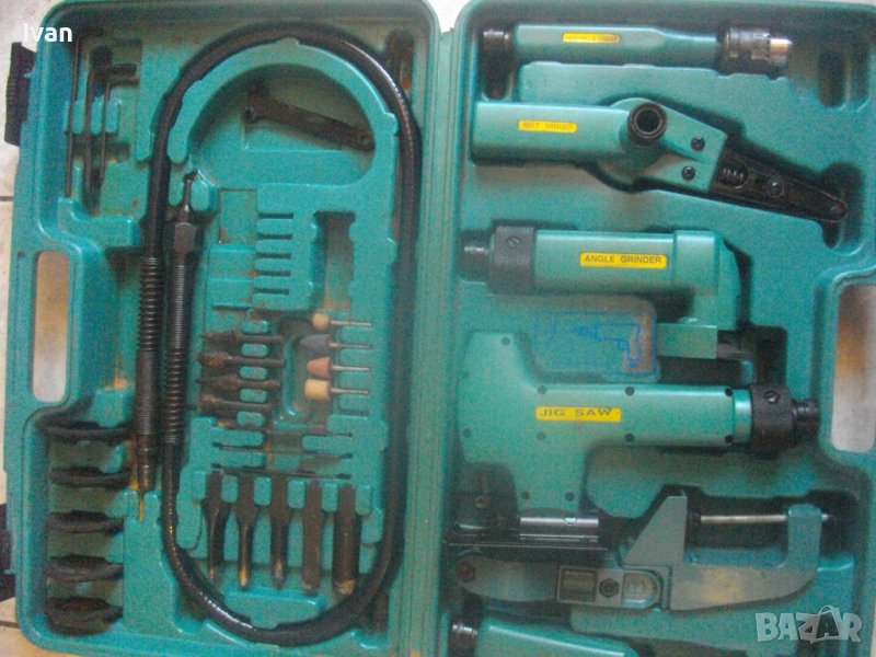 Комплект 5бр. Пневматични Различни Машини Аксесоари В Куфар-Мини Лентов Шлайф,Зеге,Ъглошлайф,Стойка, снимка 1
