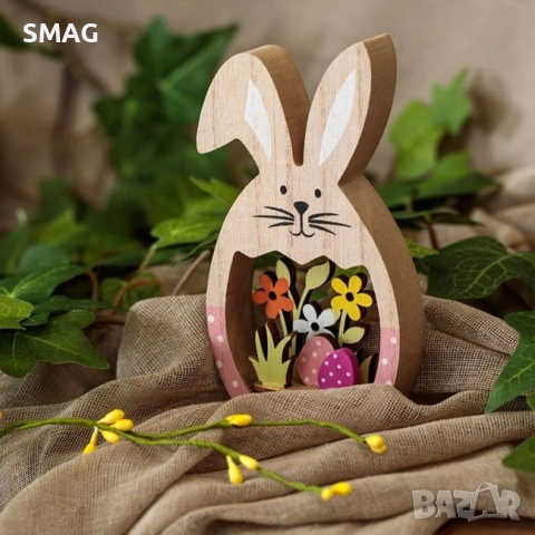 Великденска дървена настолна декорация – зайче с ажурен дизайн, цветя и яйца, 8,5×2×15см_1219306