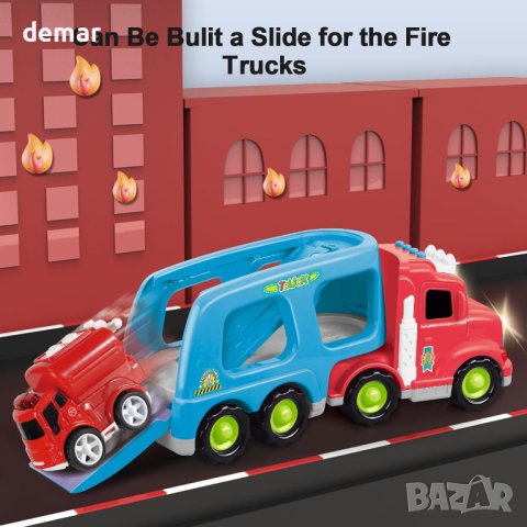 LEYAOYAO Камион с 4 противопожарни коли със светлини и звуци, играчка за малки деца, снимка 5 - Коли, камиони, мотори, писти - 44391828